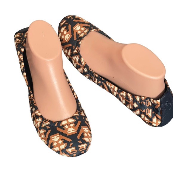 Tory Burch Tribal Aztec Brown Blue Ballet Flats Loafers Womens Size 9M - Picture 1 of 11